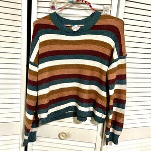 Striped Crewneck Sweater in Teal, Maroon & Cream